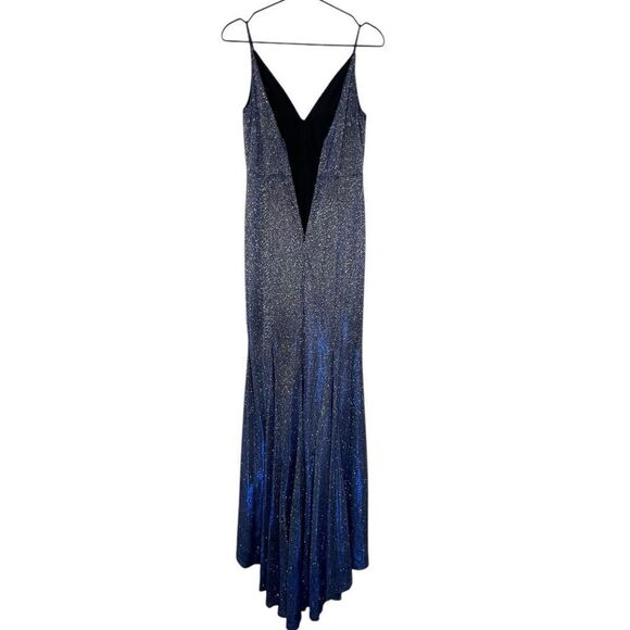 Dear Moon Blue Glitter Evening Gown Size 3 – Slit Hem, Spaghetti Straps, V-Neck - Picture 6 of 10